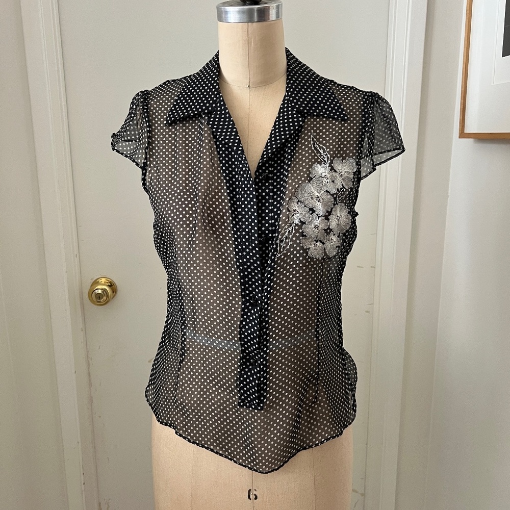 Hale Bob Y2K Rockabilly Sheer Polka Dot Top